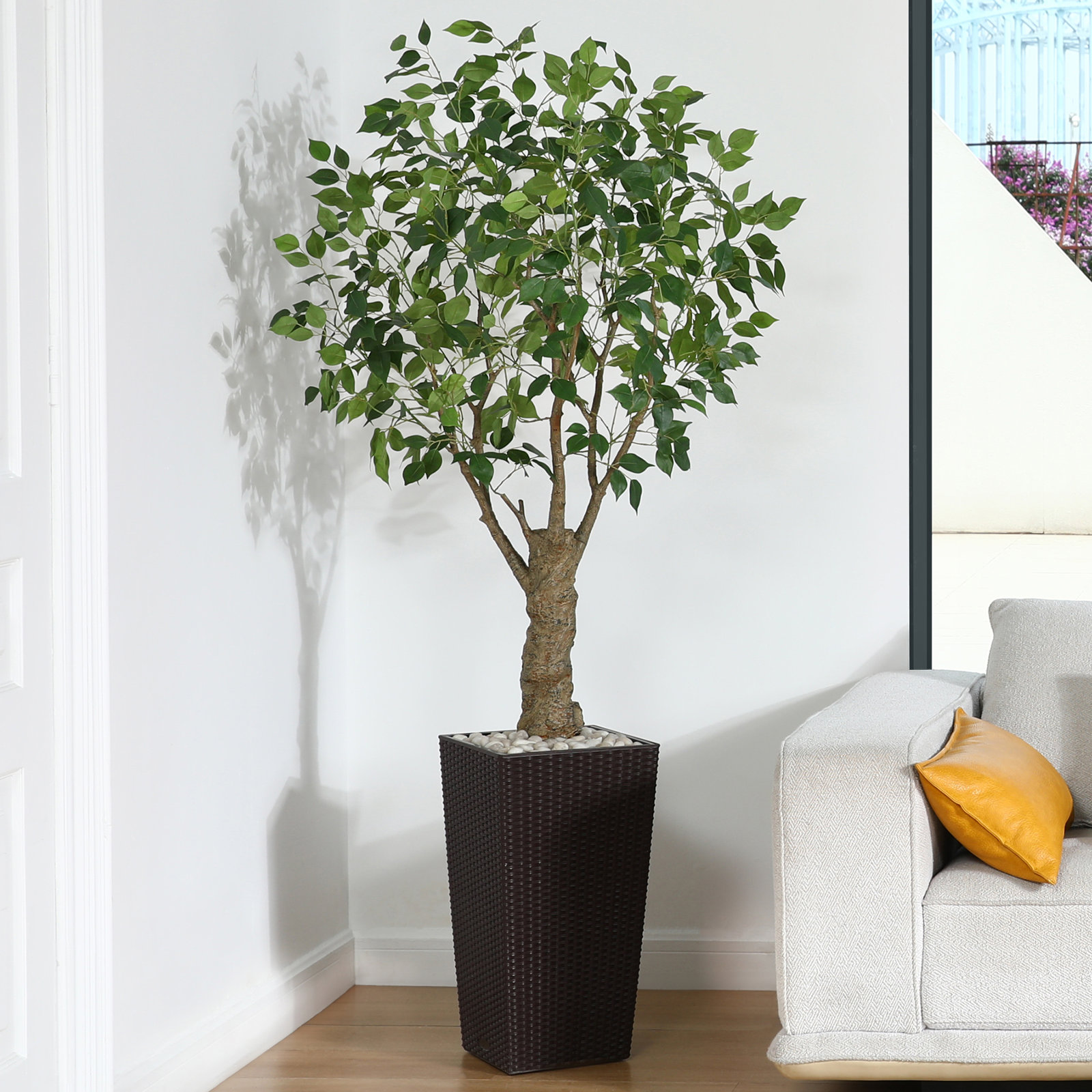 Adcock Artificial Ficus Tree UV Resistant with Tall Planter, Faux Ficus Tree for Outdoor Indoor, 72" H x 24" W x 24" D, Brown