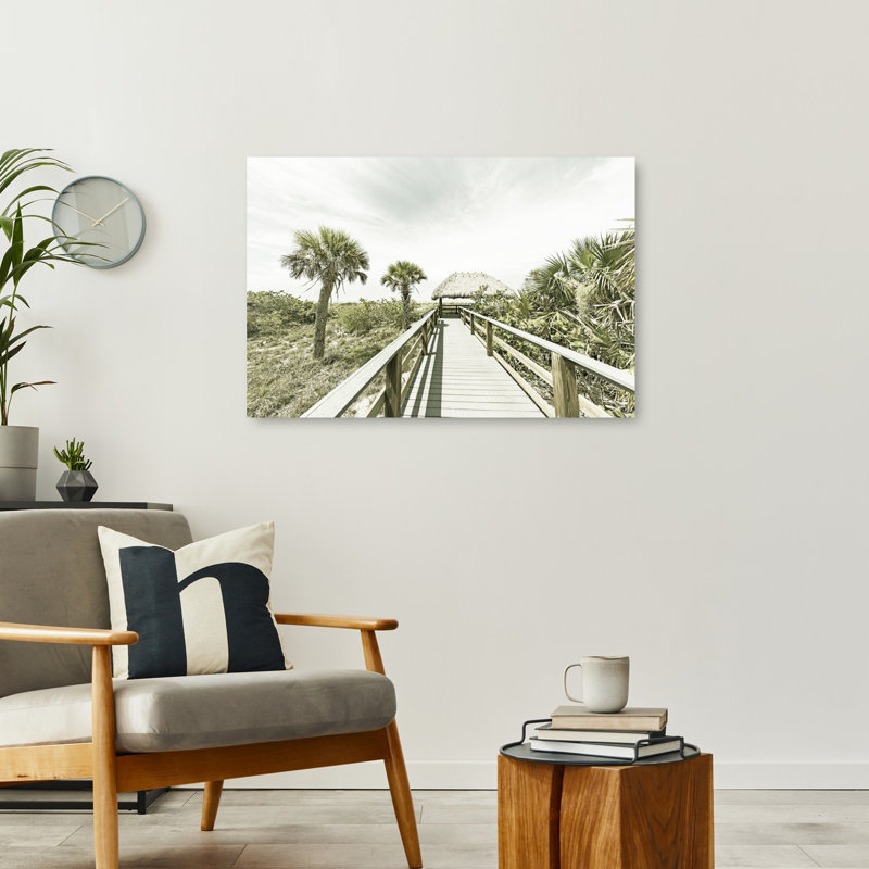 " Tropical Boardwalk Path Retro Vintage Abstract Palm Tree Coastal Wall Art Print " Print, 24" H x 36" W