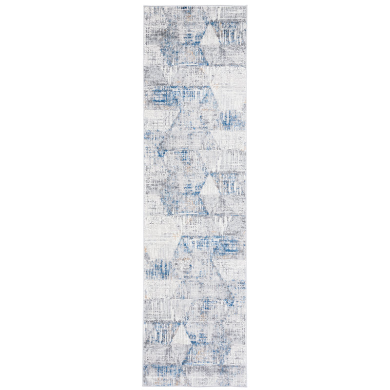 Tapis abstrait ivoire / bleu, Tapis de couloir 2 pi 2 po x 8 pi