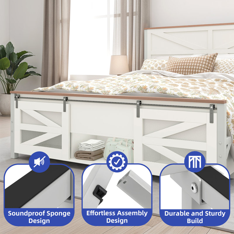 Farmhouse Rustic Platform Bed, White, Queen