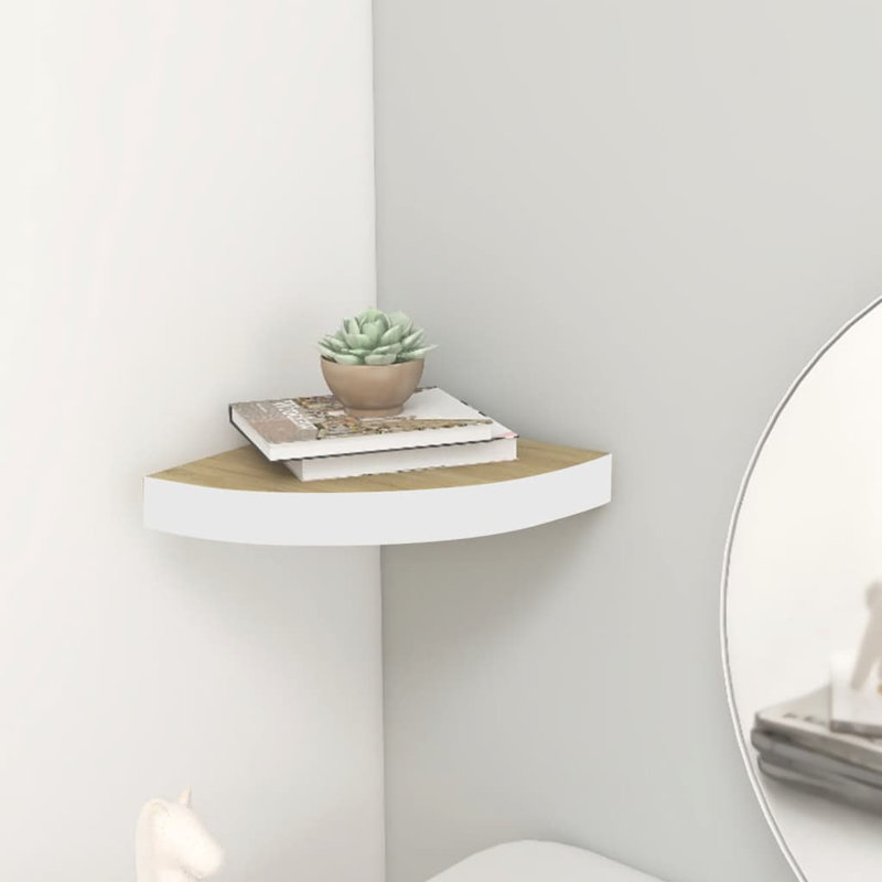 Tablette de coin murale Tablette de coin flottante, Chêne / Blanc, H 1,5 po x l 9,8 po x P 9,8 po