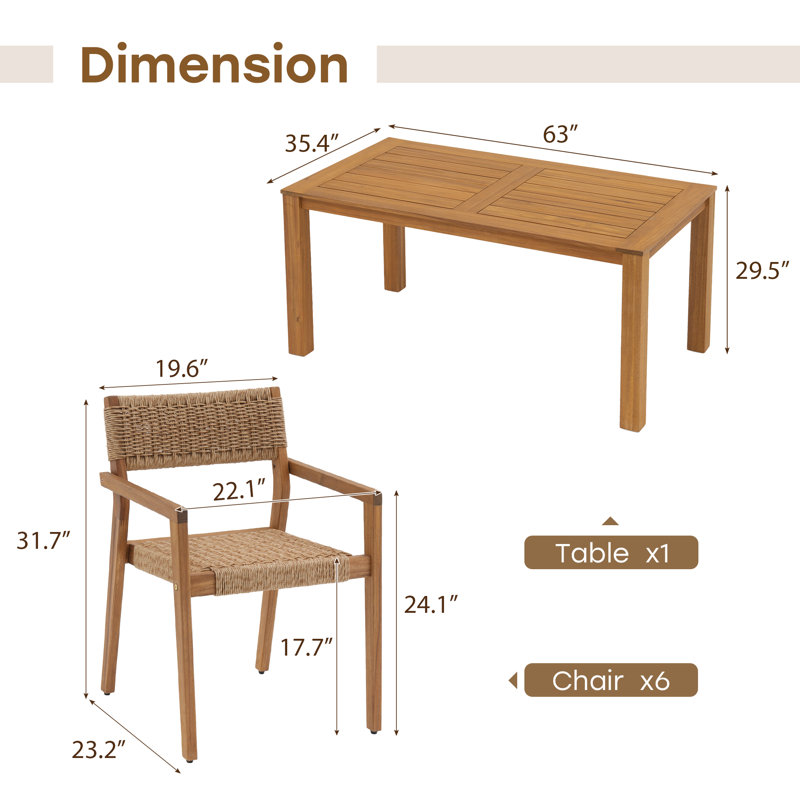 Ensemble repas d'extérieur 7 pièces avec table en bois, Armchair