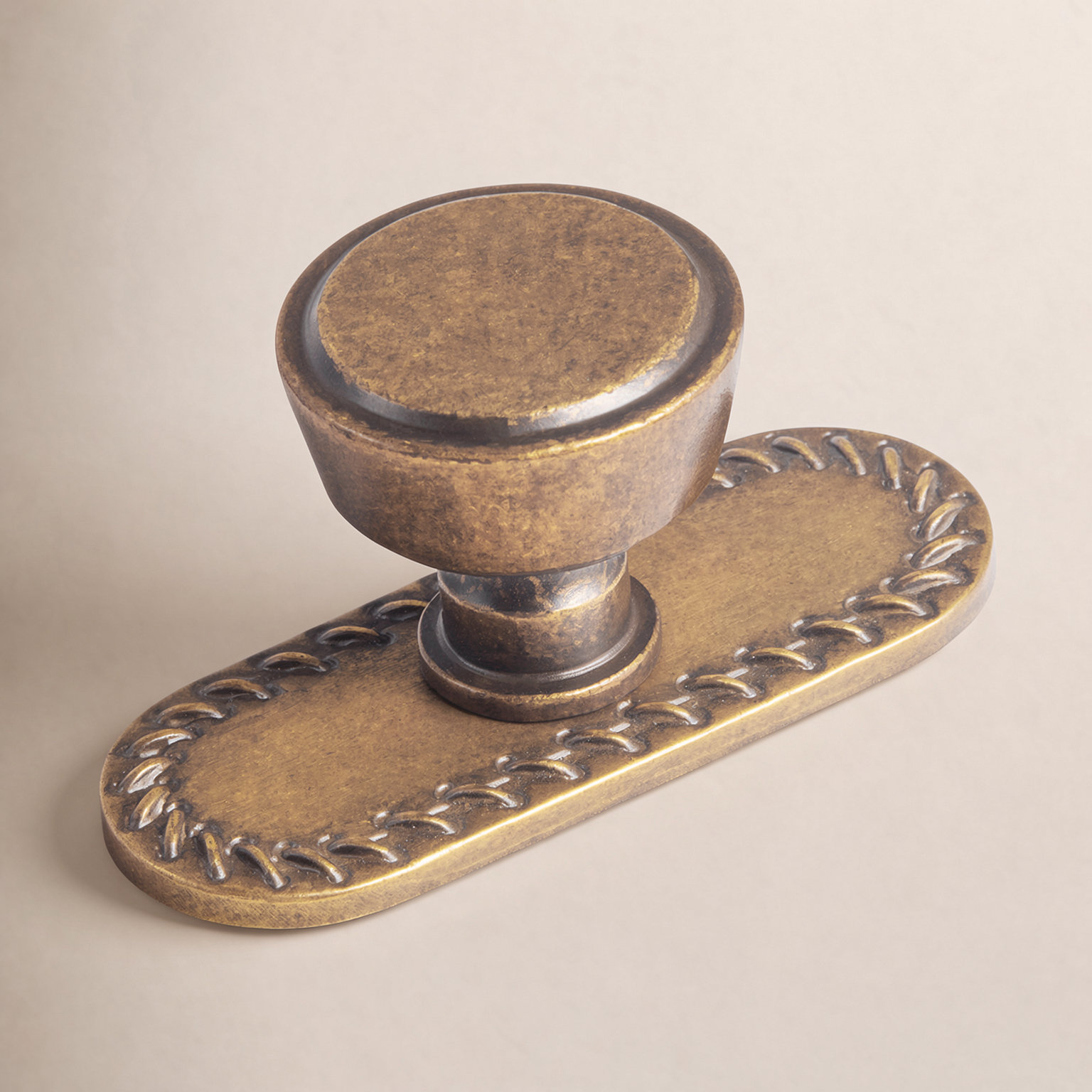 Mushroom Cabinet Knob with Backplate, Antique Brass