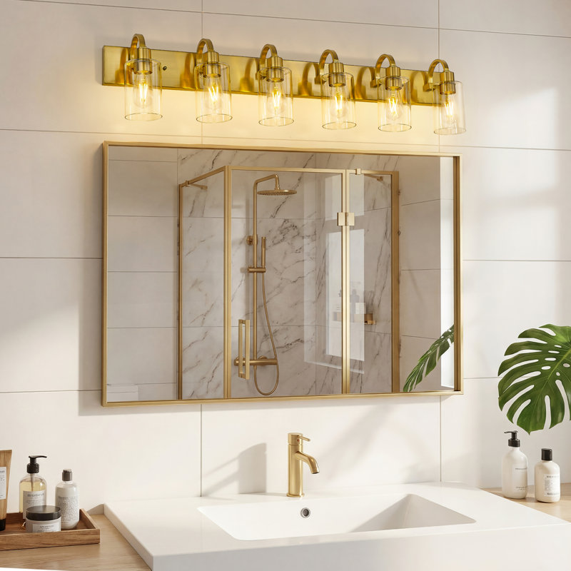 Éclairage pour meuble-lavabo moderne à intensité variable 6 lumières, abat-jour en verre transparent, or brossé, Six lumières