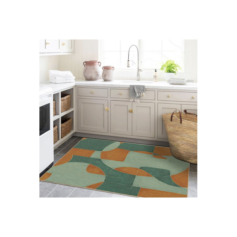 Tapis vert lavable à motif abstrait vert, Tapis de couloir 2 pi 6 po x 9 pi 10 po inclus