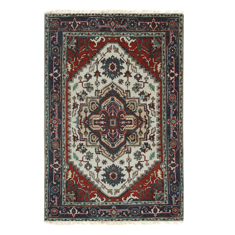 Tapis oriental en laine noué à la main bleu marine / ivoire