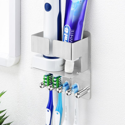 Toothbrush Holder Wall Mounted, Stainless Steel Tooth Brushing Holder, Shower Toothbrush And Toothpaste Holder, Adhesive Toothbrush Organizer, 4 Slots -  Rebrilliant, 8038A30F8C2B46238245D8783E52887C