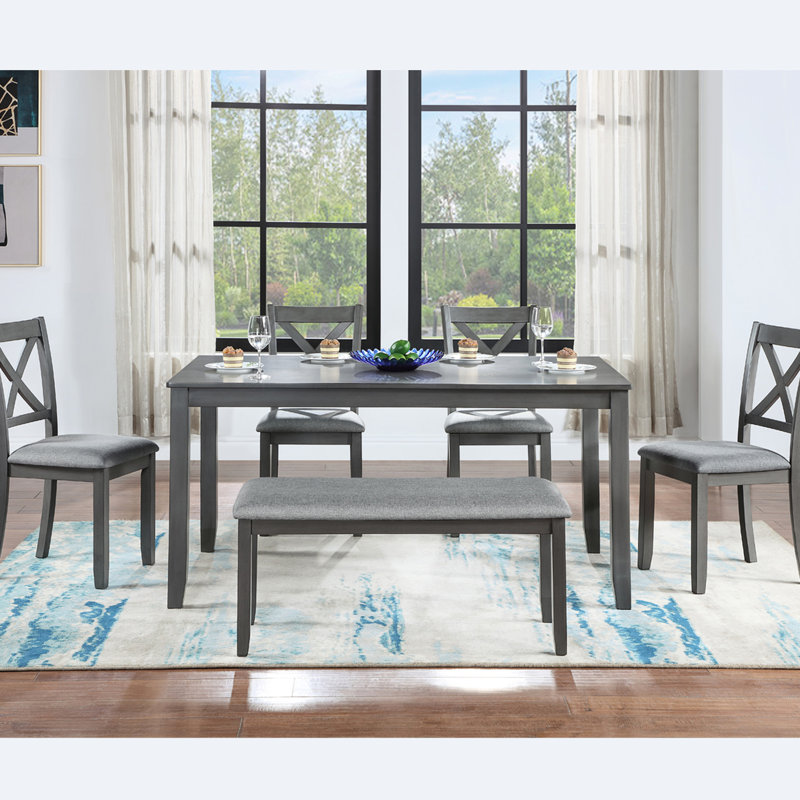 6 tables de salle à manger avec plateau rectangulaire, 4 chaises et un banc spacieux, une table et, Gris