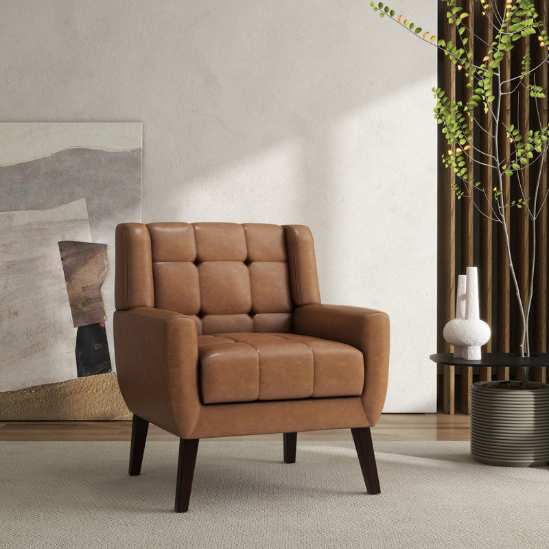 Jaqueze Upholstered Faux Leather Tufted Square Arm Accent Chair, Jaqueze Brown Faux Leather