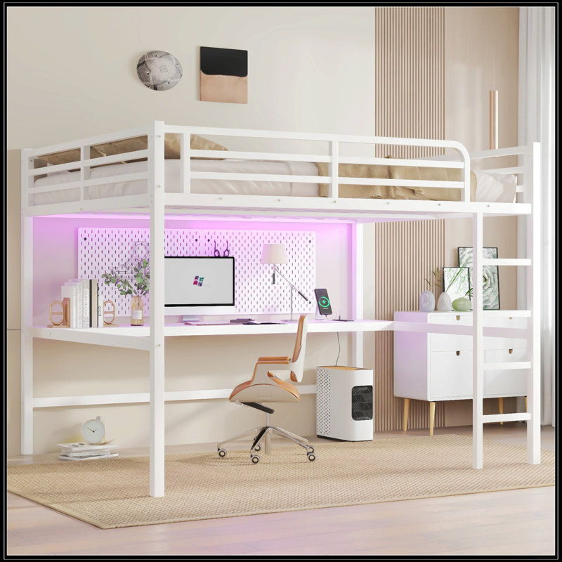 Lit mezzanine en métal pour grand lit avec prise de courant, lumière DEL et bureau, conception compacte et peu encombrante, noir