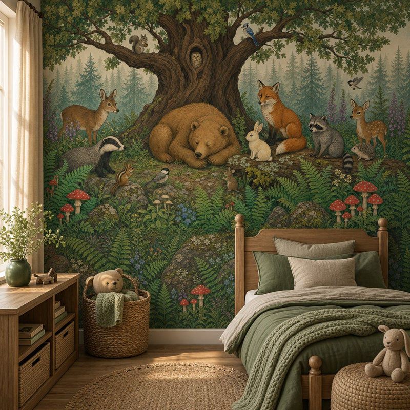Décoration murale bois de forêt amovible, 140"x108", Peel and Stick