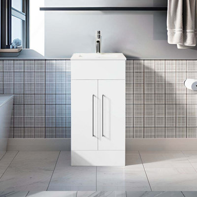 Goodyo 16In Small Bathroom Vanity Single Sink, Freestanding Modern Bathroom Cabinet With White Drop In Sink, 2 Doors Wood Storage Cabinet, White