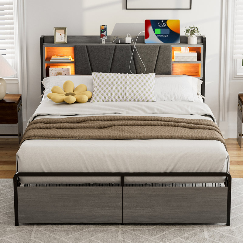 Ortenzia Bed Frame with Storage Headboard, Drawer, Charging Station and LED Light, Gray, Queen