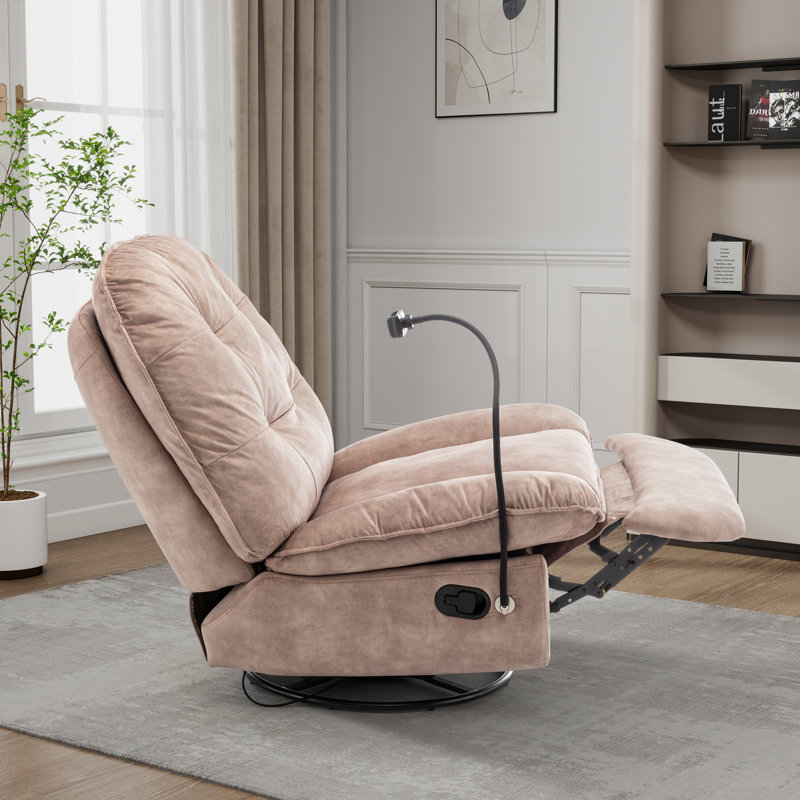 41.28" W Upholstered Swivel Recliner Glider Chair With Phone Holder, Light Brown