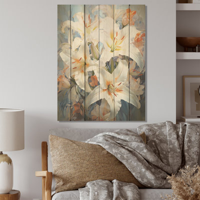 Beige et jaune pure Lily Beauty Whispers I - lys, art mural sur bois de pin naturel
