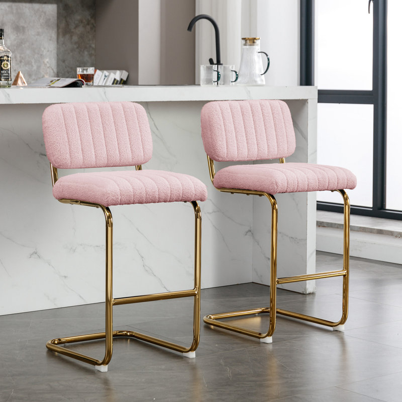 Chaises de bar rembourrées sans accoudoirs avec base chromée en métal doré, Rose