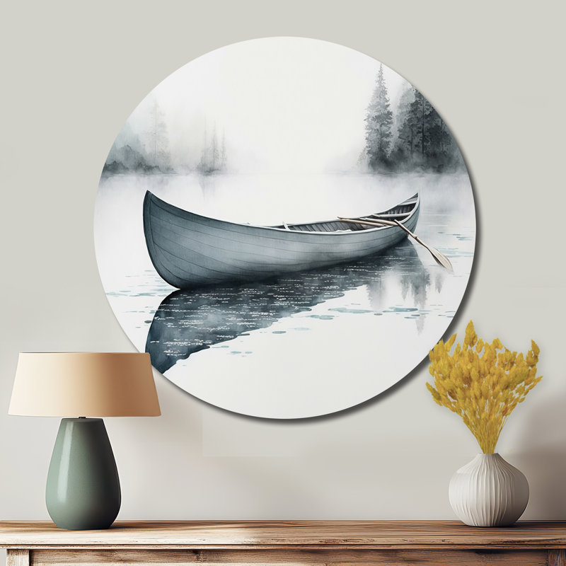 Canot sur le lac II - art en métal rond côtier, H 36 po x l 36 po