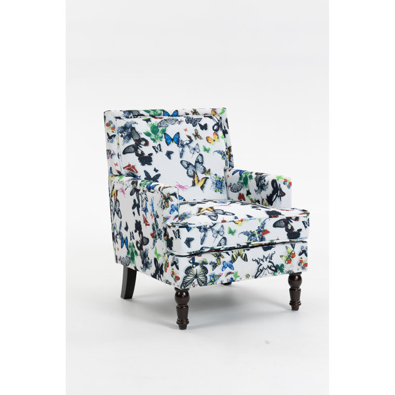 Fauteuil d'appoint confortable en lin à motif papillon, garni de clous décoratifs, garni de mousse haute densité, structure en bois massif, motif bleu et blanc, pour le salon, profondeur 67,3 cm, hauteur 88,6 cm, poids 15,8 kg, largeur intemporelle