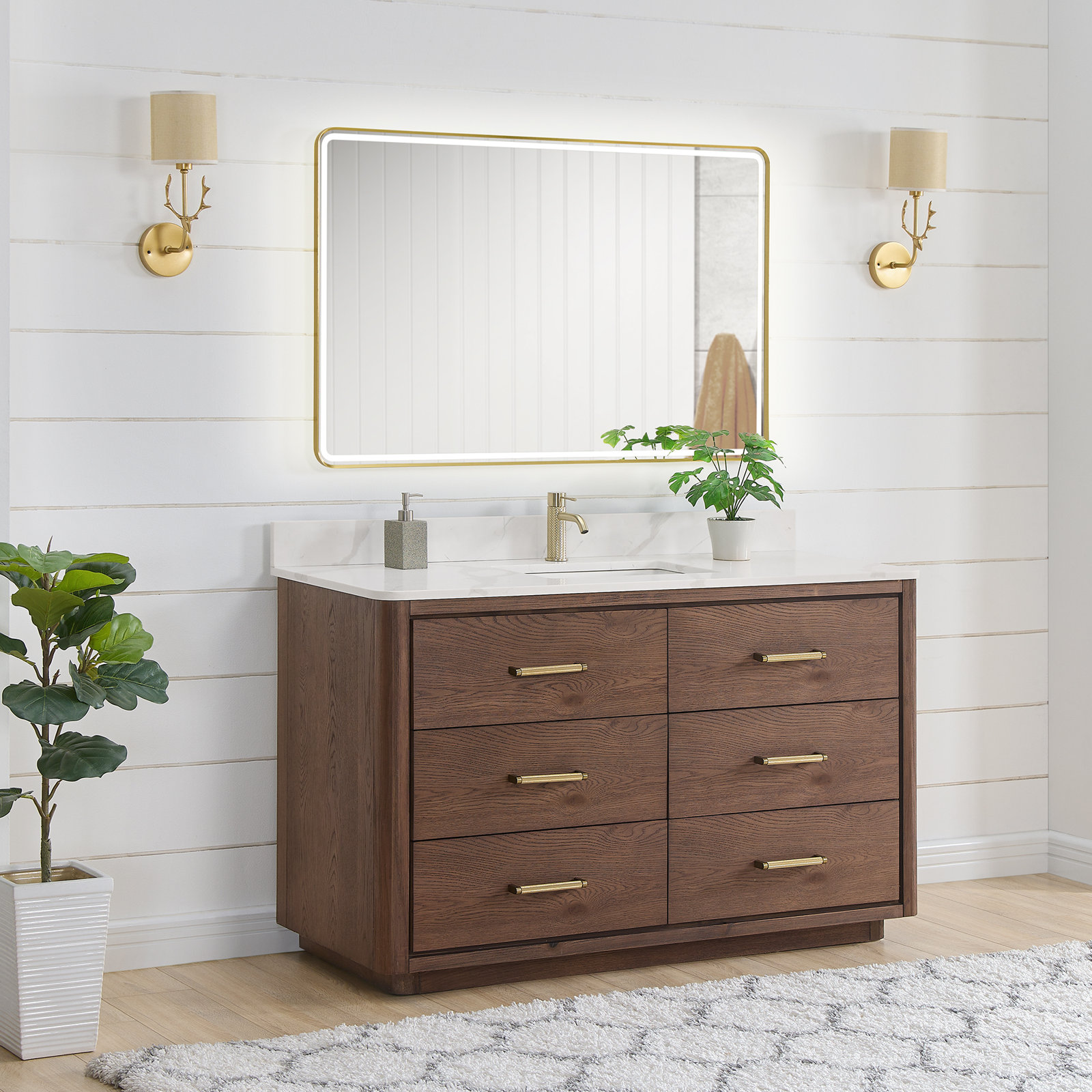 Porto 55'' Single Bathroom Vanity, Dark Brown Oak, Gold