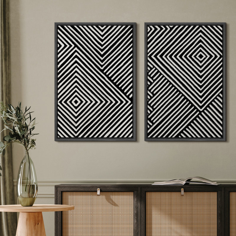 3D Illusion Effect Black And White Geometric Modern Pictures Framed Canvas 2 Pieces Print Wall Art, Black