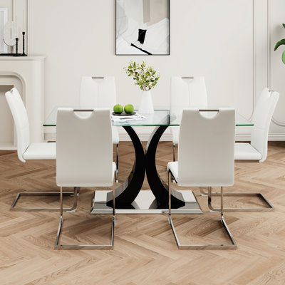 7 Dining Table Chair - Modern Transparent Glass With White Chairs, Legs, Solid Base For Restaurant Kitchen, Fashionable And Construction 6 Food