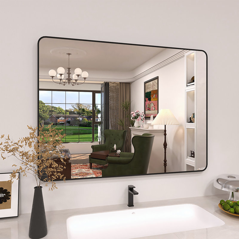 Lucha Matte Black Framed Wall Mounted Bathroom Vanity Mirror with Tempered Glass, Matte Black, 48" x 36"