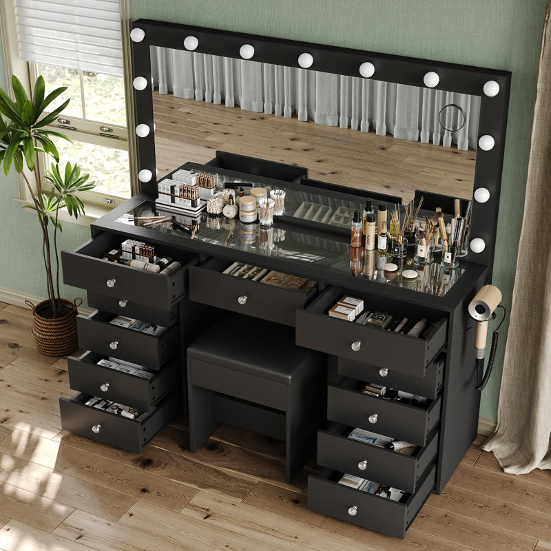 Coiffeuse de maquillage avec miroir et lumières, 3 modes d'éclairage, bureau de coiffeuse avec prise de courant, coiffeuse 11 tiroirs, coiffeuse pliante