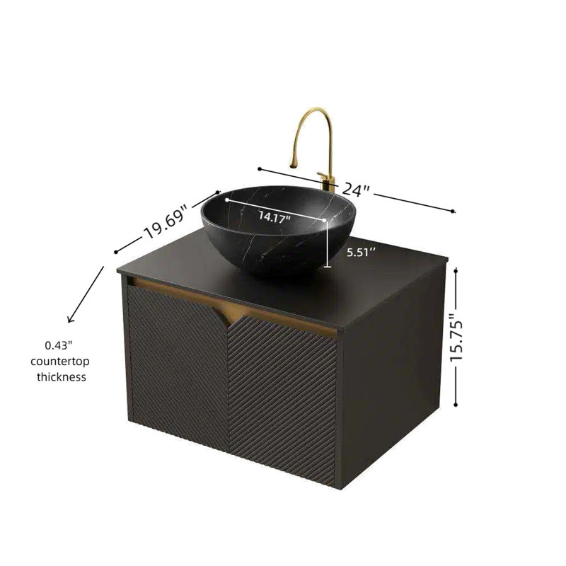 Meuble-lavabo 24 po, cuve en céramique noire avec textures veinées gris, plateau en pierre frittée, armoire de rangement en contreplaqué flottant, portes doubles en sergé, système de fermeture en douceur et meuble-lavabo facile à nettoyer