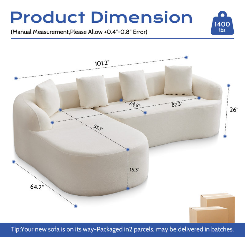 Boneless 101" Modern Chenille Cloud Sectional Sofa With L-Shaped Chaise, Deep Seat Modular Couch For Living Room, No Assembly