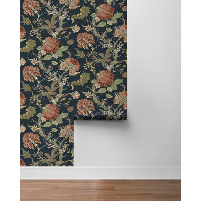 Harry & Grace Midnight Blue & Carmine Jacobean Trail Premium Matte Non-woven Peel And Stick Wallpaper