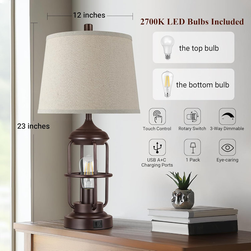 Lampe de table de salon avec ports USB, lampe de chevet à intensité variable à 3 voies avec veilleuse à DEL, table de chevet rustique décor de chambre à coucher (ampoules 2700K incluses)