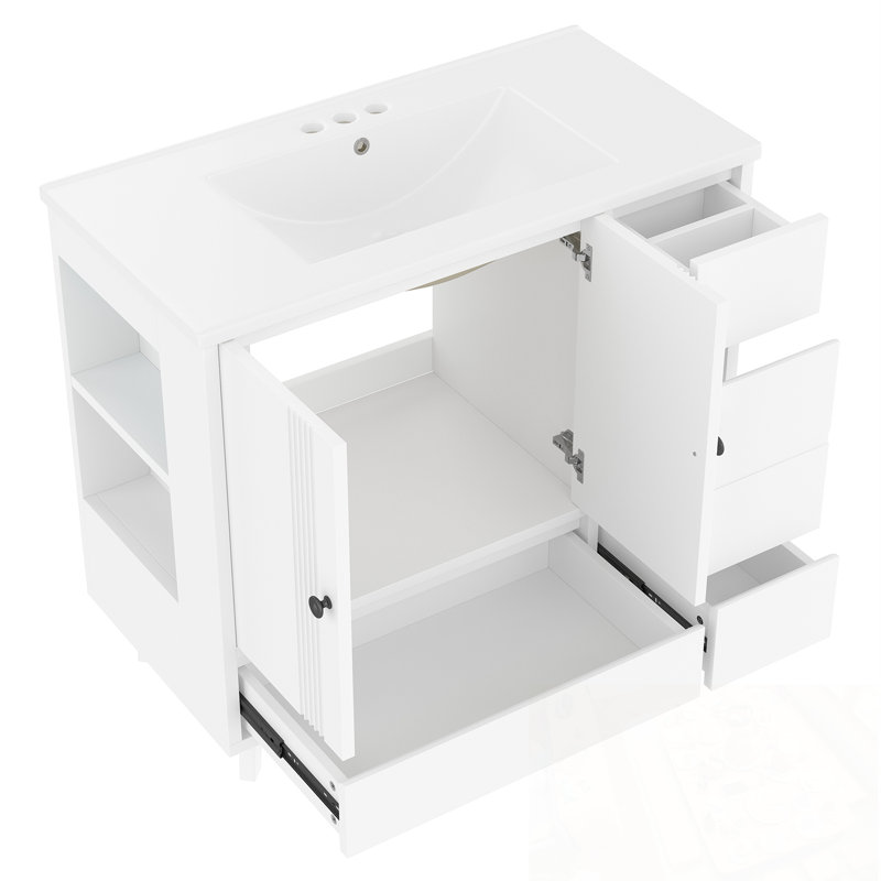 Meuble-lavabo de salle de bain avec lavabo, 4 tiroirs et support de rangement latéral, Blanc clair