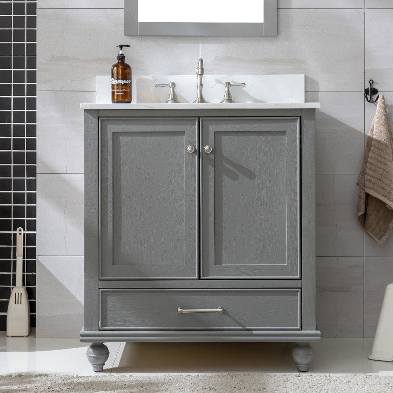 Ensemble de meuble-lavabo simple 30 po Angelissa, Gris grain / nickel brossé, Pierre artificielle blanc de Carrare