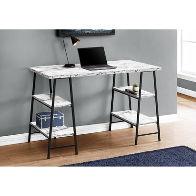 Modern Work Desk With White Marble Look - 48"l Black Metal Frame And 4 Storage Shelves Laminate Top Legs, Small Workspace