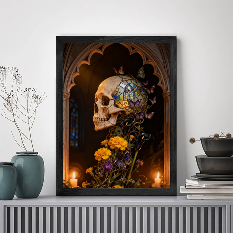 Reproduction d'art encadrée noire rétro avec fleurs de mort de style gothique rétro, H 25 po x l 17 po