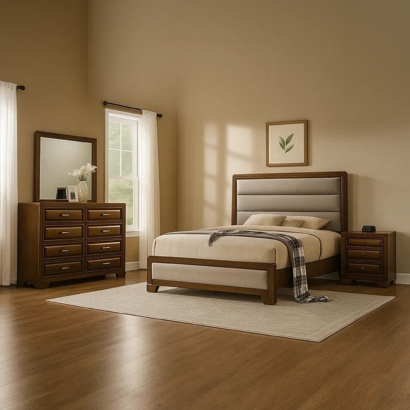 Ensemble de chambre à grand lit 4 pièces Cair, revêtement gris clair Channel, brun