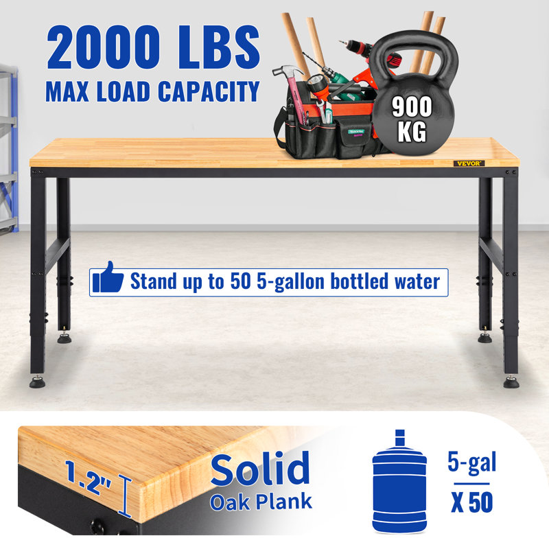 Adjustable Height Wood Top Workbench, 38.3" H x 53" W x 18" D