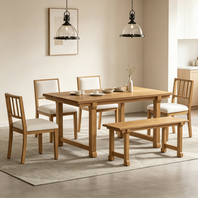 Ensemble de salle à manger de ferme 6 pièces avec structure en bois massif et chaises ergonomiques à double style (noyer et beige)