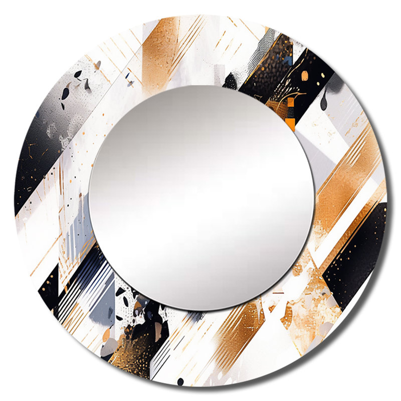 Or doré symétrique Sripes I - miroir décoratif cubique, grand miroir mural rond moderne, impression d'art en métal