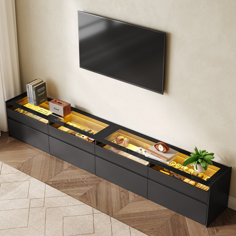 Meuble télé moderne de 240 cm (94,5 po) avec éclairage DEL, centre multimédia avec 8 tiroirs pour téléviseur jusqu'à 254 cm (100 po)