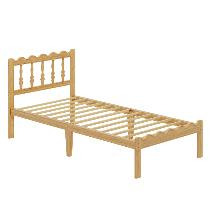12'' Solid Wood Bamboo Platform Bed Frame with Wavy Headboard, Metal Slats, No Box Spring Needed, Twin XL, 12"