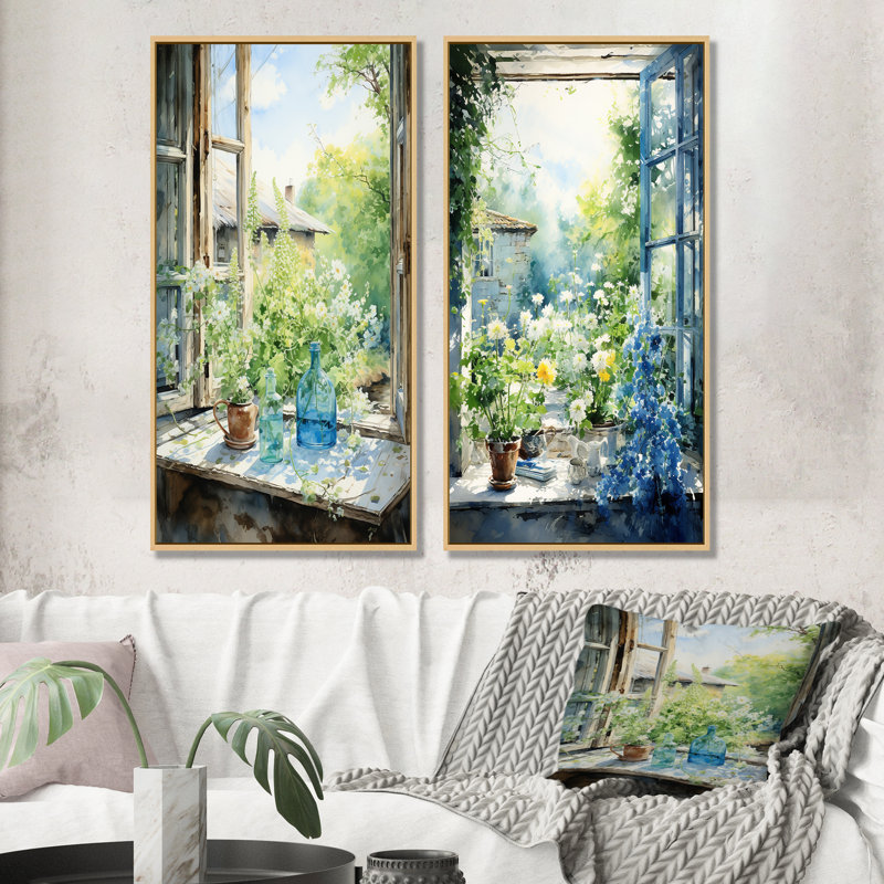 Ensemble de 2 impressions sur toile vertes et bleues, H 32 po x l 33 po, Encadrement brun