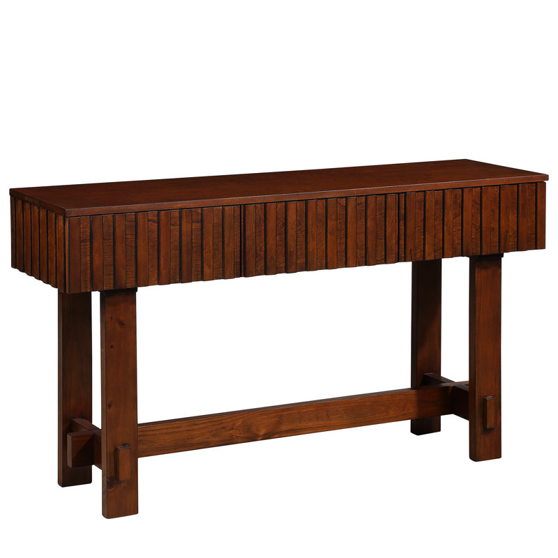 Table de salon de style Mid-Century en bois massif et cannelé. Console de 52 po en cerisier pour décorer les pieds en pin. Tiroirs cannelés,