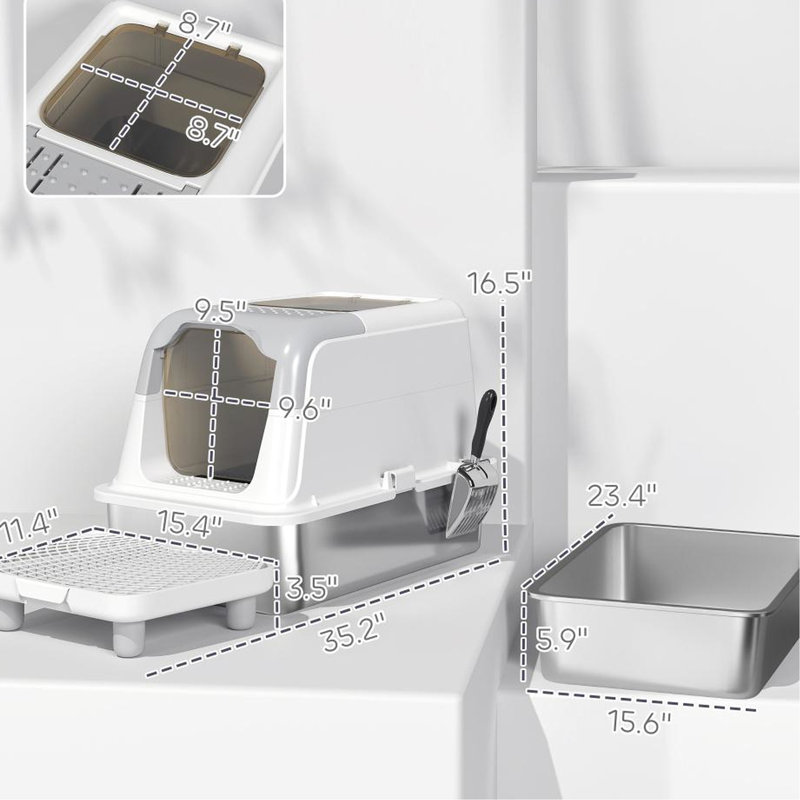 Bac à litière pour chat avec acier inoxydable facile à nettoyer, conception fermée, entrée frontale pour le bien-être du chat, désodorisant et, blanc, bac à chat jusqu'à 15 lb, pédale anti-rayures, désodorisant, gris,