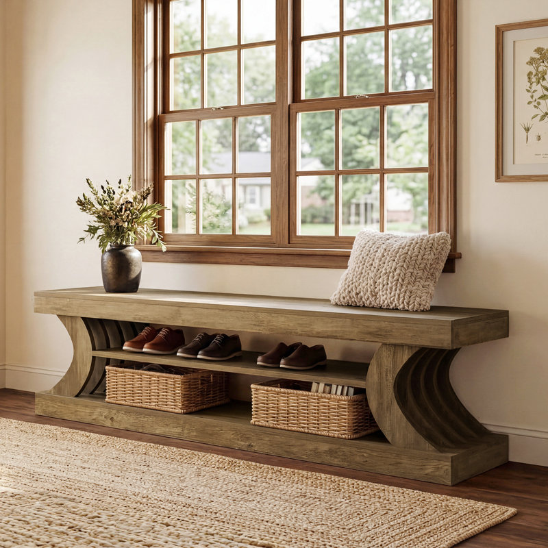 Upholstered Engineered Wood Bench with Shoe Storage and Shelves