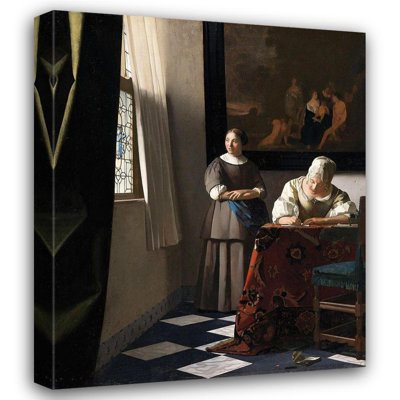 Collection de maîtres, art sur toile: Femme écrivant une lettre avec sa servante, Jean Vermeer