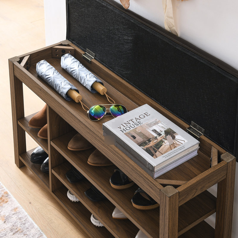 Adjustable Height Long Bench With Natural Wood Grain, Comfortable Seat, And -Proof Storage Function Featuring Adjustment, Leather, Rubberwood Frame, Space