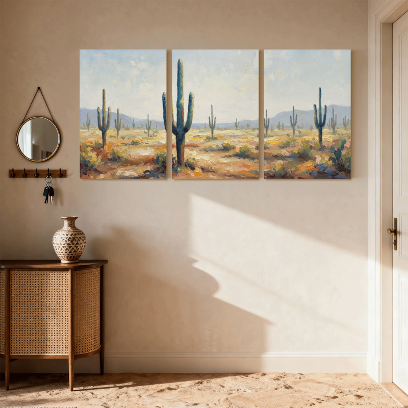 Plantes et fleurs, paysage désertique avec cactus et montagnes, ensemble de 3 impressions sur toile, H 24 po x l 48 po