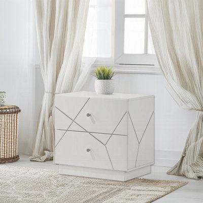 Table de chevet ultra moderne avec finition blanche et 2 tiroirs avec lignes en relief