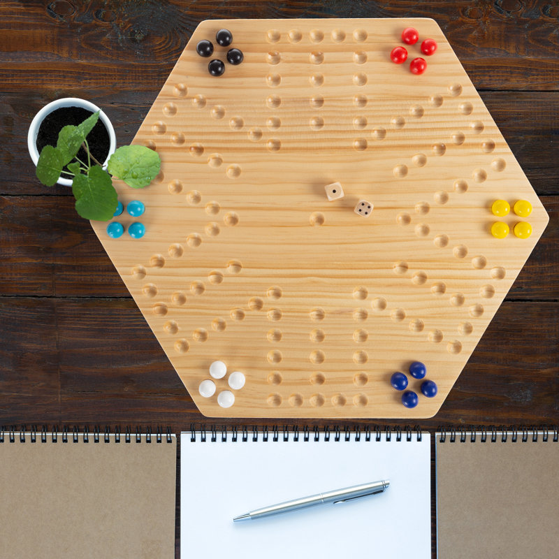Hey! Play! Classic Wooden Strategic Thinking Game - Vintage 6-Player Games Set with Board, 24 Colored Marbles, and 2 Dice - Fun for Kids and Adults